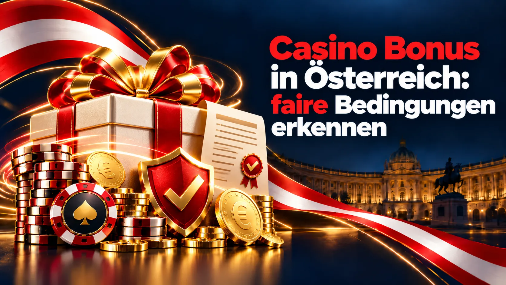Casino Bonus in Österreich mit Geschenkbox, Bonusbedingungen, Prüfsiegel, Schutzschild und goldenen Münzen.
